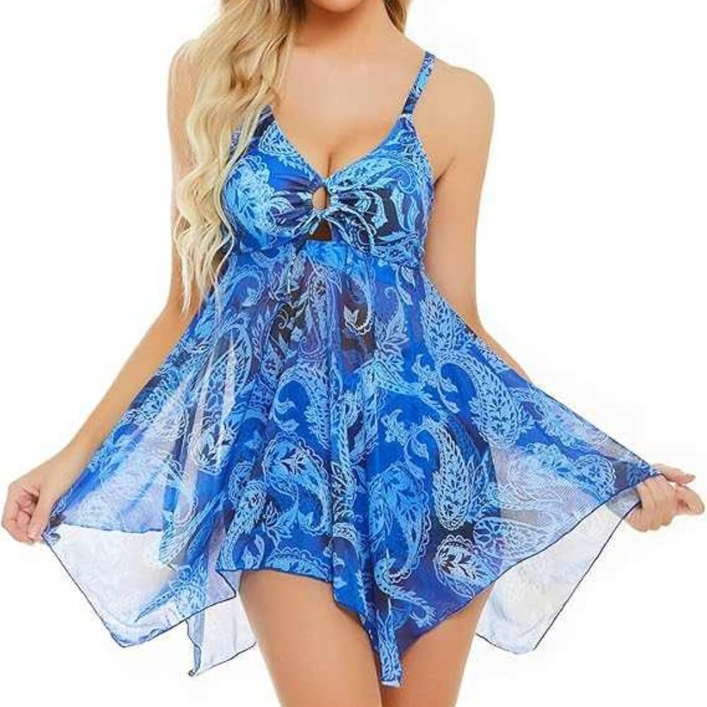 FINWANLO Womens Two Piece Swimsuits Tankini Top Set Mesh Swimdress M